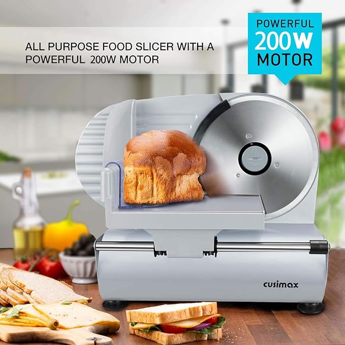 Meat Slicer, CUSIMAX Electric Deli Food Slicer with Two 7.5'Removable Stainless Steel Blades and Pusher, Cheese Fruit Vegetable Bread Cutter, Adjustable Knob for Thickness, Food Carriage