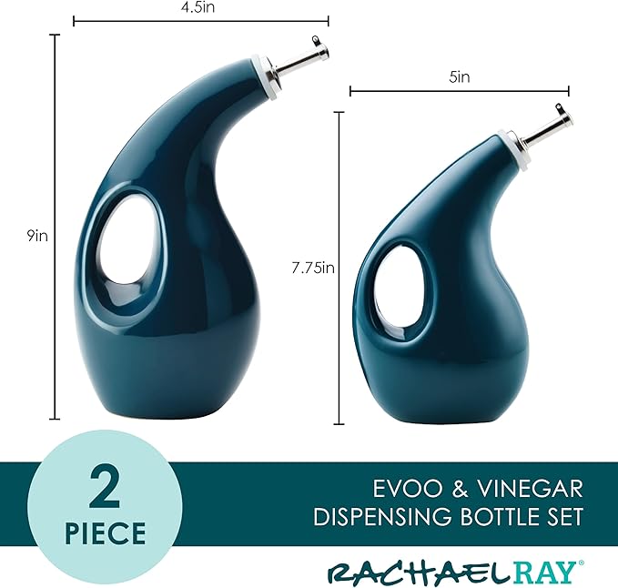Rachael Ray Serveware Ceramic EVOO Oil and Vinegar Dispensing Bottle Set, 2 Piece, Teal