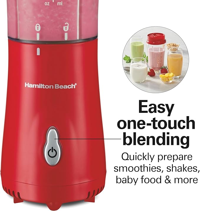 Hamilton Beach Portable Blender for Shakes and Smoothies, 14 Oz BPA Free Travel Cup & Lid, Durable Stainless Steel Blades, Personal Smoothie Blender, Red (51101RV)