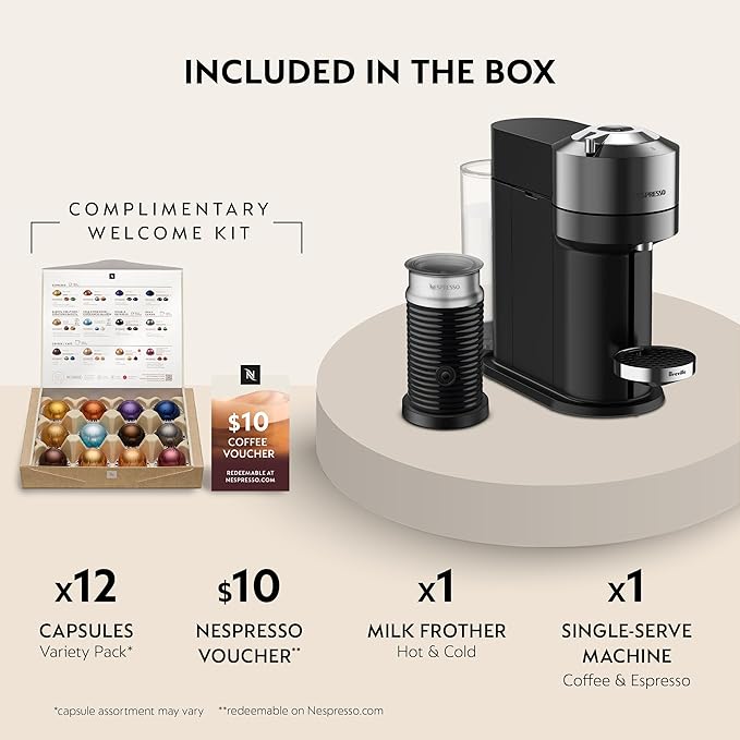 Nespresso Vertuo Next Deluxe Coffee and Espresso Maker, Pure Chrome with Aeroccino Milk Frother,1.1 liter, Black
