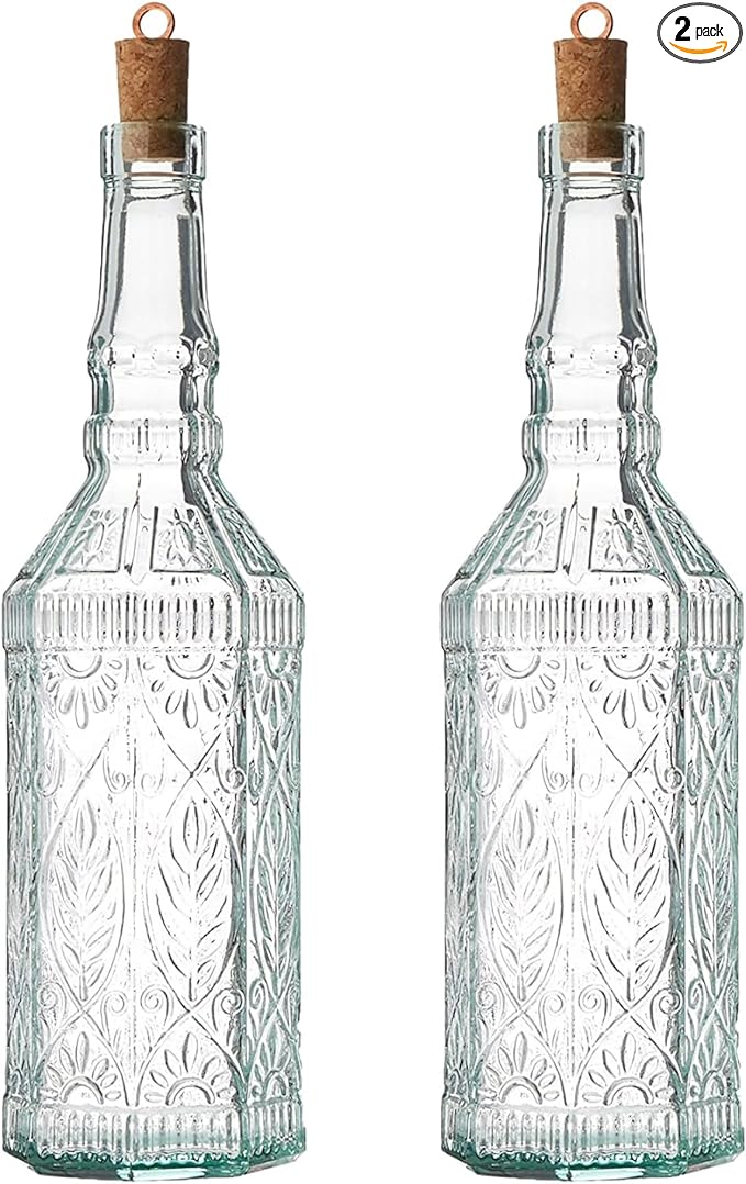 Bormioli Rocco Set Of 2 Country Home Fiesole Bottle, 24-ounce With All Natural Cork Lid, Blue-green Tinted Star Glass, Elegant And Floral Design Made In Italy.