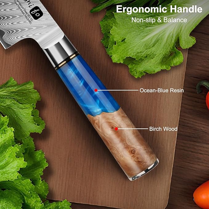 Chef Knife 8 Inch, Damascus VG-10 Steel Sharp Japanese Kitchen Knife with Gift Box and Resin Wood Handle, Ideal Birthday Gift for Men and Women