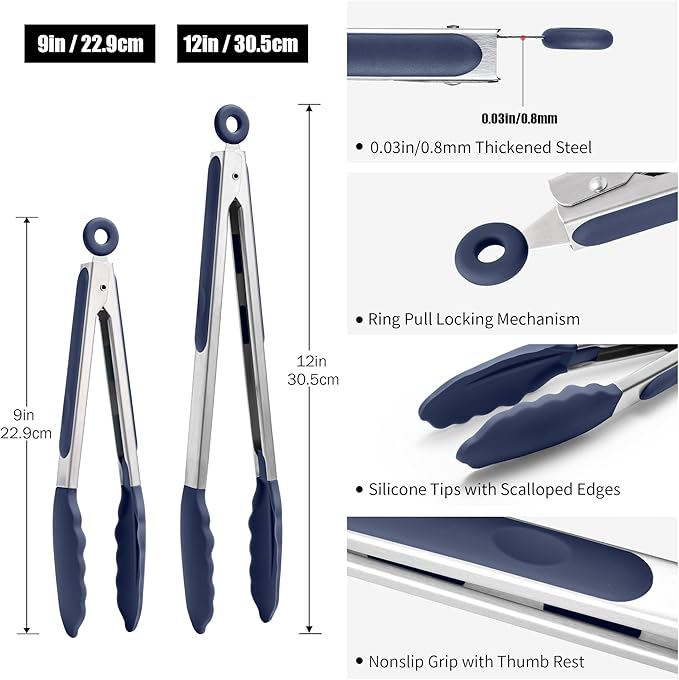 Doosu Kitchen Tongs for Cooking - 600°F Heat Resistant Food Tong Set with Non-Scratch Silicone Tips, Heavy Duty Stainless Steel Locking Tong for BBQ, Grilling Steak, Serving Salad (9+12in, Navy Blue)