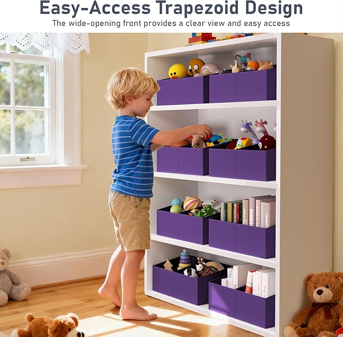 DIMJ Large Closet Shelf Organizer Bins 8 Packs with Handles and Divider, Fabric Trapezoid Storage Baskets, Foldable Clothes Containers Box for Shelf, Towel, Book, Toy, Purse, Hats, Purple