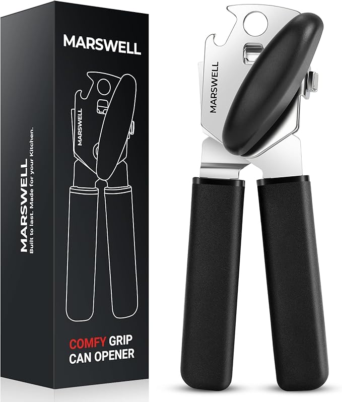 Can Opener Manual, MARSWELL Comfy Grip Can Opener Hand Held with Magnetic Lifter, Smooth Cutting Sharp Blade, Manual CanOpener for Seniors with Easy Turn Knob, Black
