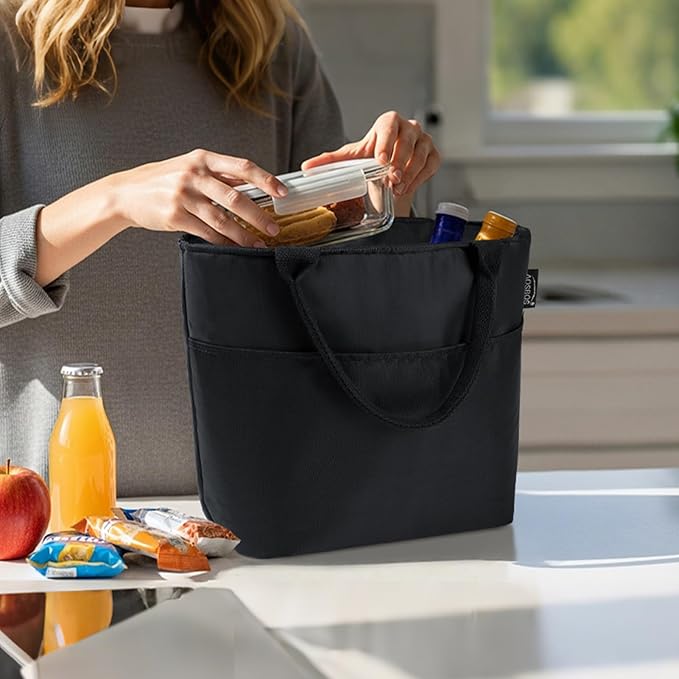 Aosbos Lunch Tote Bag, Insulated Lunch Box for Women, Leakproof Lunch Cooler Purse for Work, Black