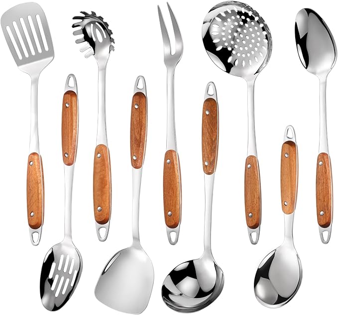 304 Stainless Steel Cooking Utensils Set,9PCS Metal Kitchen Utensils Set with Wooden Handle,Solid Spoon,Spatula,Ladle,Skimmer,Spaghetti Spoon,Dishwasher Safe