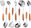304 Stainless Steel Cooking Utensils Set,9PCS Metal Kitchen Utensils Set with Wooden Handle,Solid Spoon,Spatula,Ladle,Skimmer,Spaghetti Spoon,Dishwasher Safe