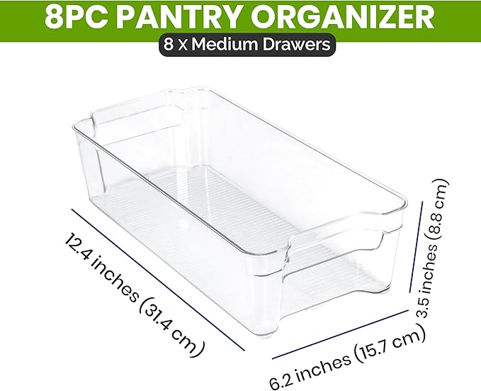Utopia Home - Fridge & Refrigerator Organizer Bins (8 Pack), Clear Stackable Durable Plastic Storage Containers with Easy Grip Handles for Pantry, Kitchen Cabinets & Countertops