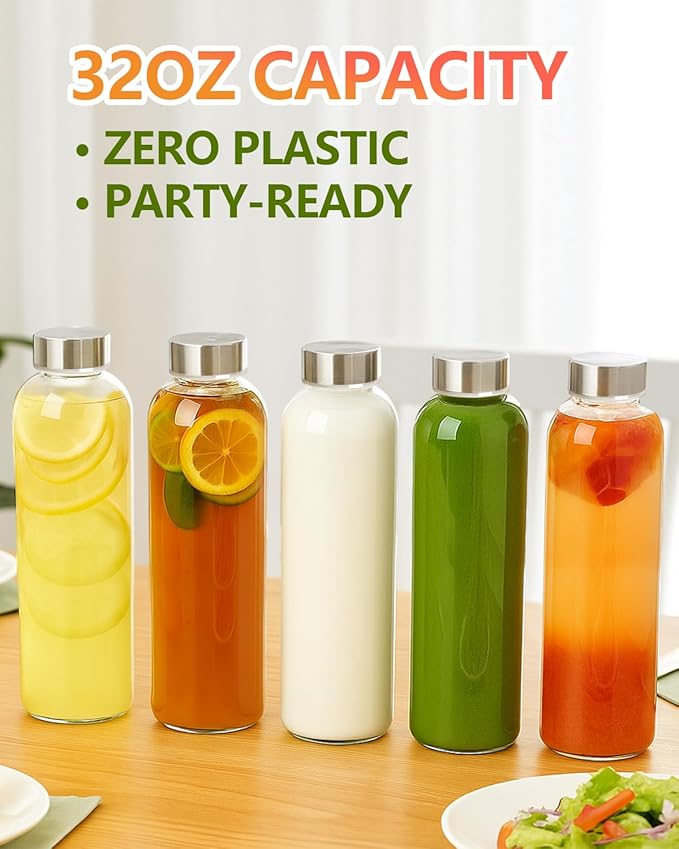 Zukro Glass Water Bottles with Lids 32 oz, 3 Pack Reusable Large Juice Bottles With Stainless Steel Airtight Cap for Juicing, Leak Proof Clear Drinking Jar Beverage storage container, BPA Free