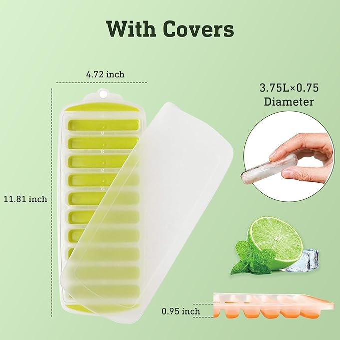 Lily's Home Silicone Ice Cube Tray with Lid Set of 4, BPA-Free, Ideal for Water Bottles & Sports Bottles, Flexible & Stackable Design for Quick Release, Ice Cube Trays for Freezer(11.81"*4.72"*0.95")