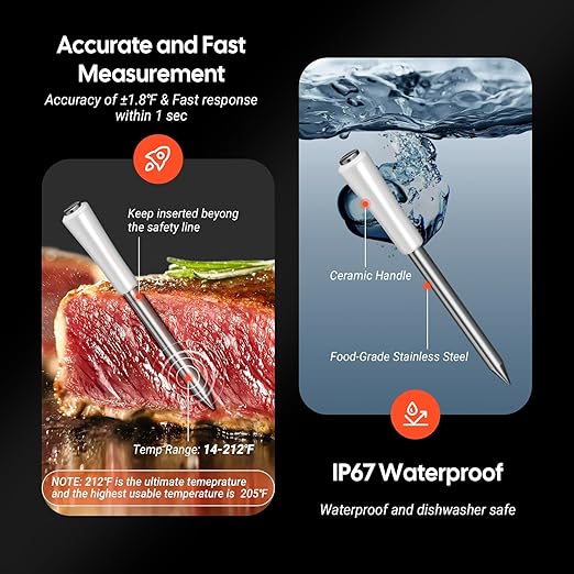 Wireless Meat Thermometer Digital with Clear White LED Display,1000ft Bluetooth 5.4 Meat Thermometer, 4 inches Short Smart Food Thermometer Probe for BBQ, Grill, Rotisserie