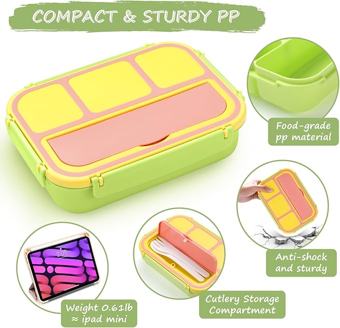 QQKO Bento Box for Kids Adults, School Toddler Lunch Box for Boys Girls, Lunch Box Containers with 4 Compartments, Sauce Container, Utensils, Food Picks and Muffin Cups for School, Pink Yellow Green