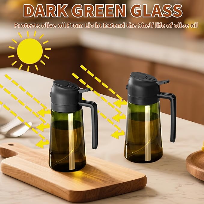 Olive Oil Dispenser and Oil Sprayer – 16oz/470ml Glass Light-Proof Oil Pourer for Kitchen, Air Fryer, Cooking, Salad, and BBQ