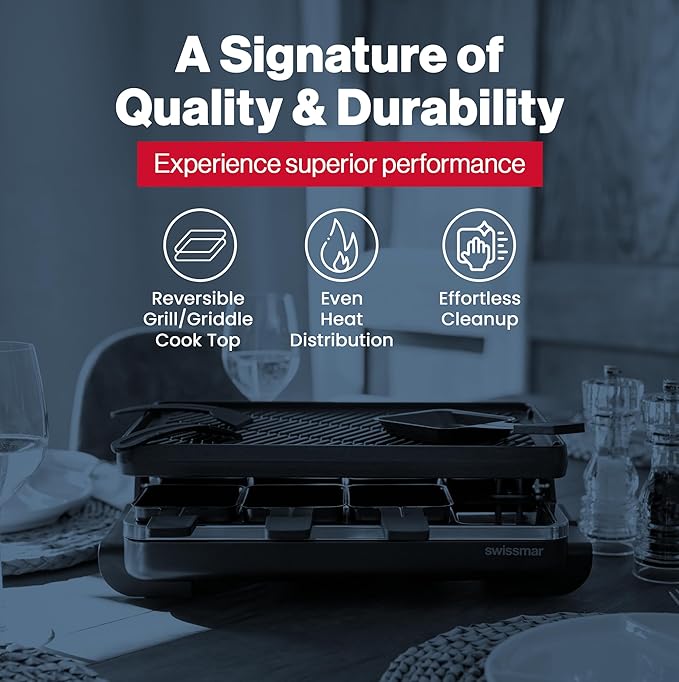 Swissmar Classic 8-Person Raclette Party Grill - Indoor Electric Grill & Griller with Reversible Cast Iron Grill Plate/Crepe Top - Anthracite Black