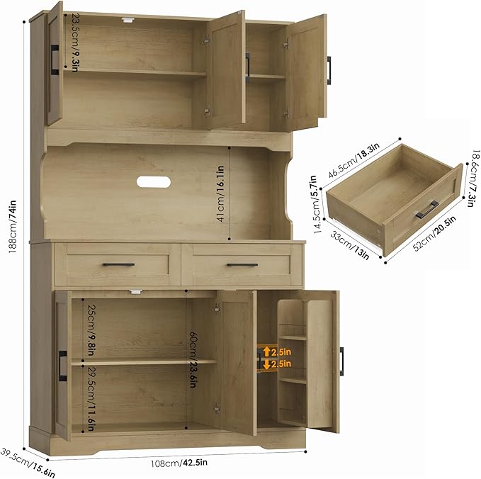 FACBOTALL Tall Kitchen Pantry Cabinet, Farmhouse Food Pantry Cabinet with Doors and Adjustable Shelves, Kitchen Hutch with Countertop and Microwave Stand for Dining Room, Living Room, Oak Color