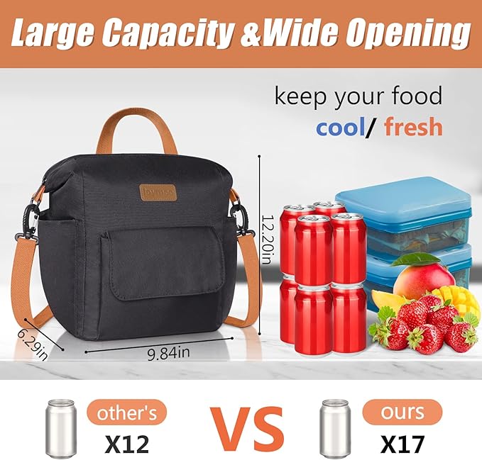 Joymee Lunch Bag Women Insulated Lunch Box Reusable Leakproof Large Spacious Cooler Tote for Women Men Adult with Bottle Holder and Side Pockets for Work Office Travel Picnic -08 Black
