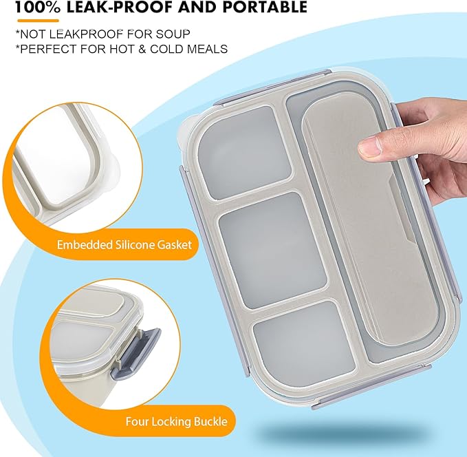 Bento Box Adult, Lunch Box Containers for Adults Men Women, 5 Cup Bento with 4 Compartments &Spork &Sauce Box, Leak-Proof, Microwave/Dishwasher Safe(Beige)