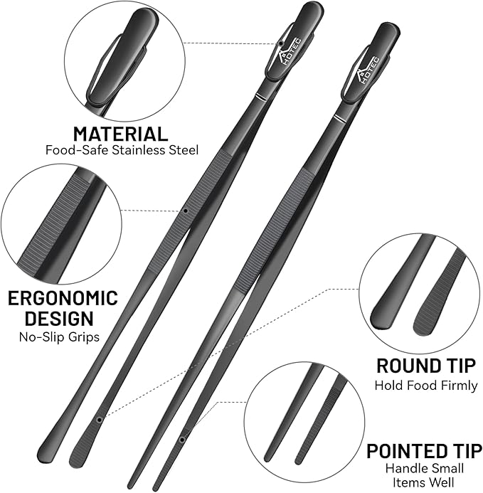 HOTEC Kitchen Tweezers Tongs Stainless Steel Professional Chef Tweezers, Set of 2-12inch Extra-Long Food Tongs for Cooking,Grill and Baking