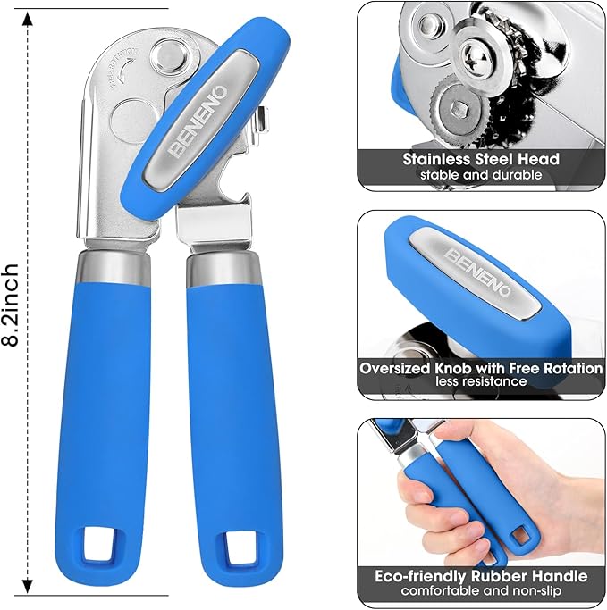 Beneno Heavy Duty Hand Can Opener Manual with Magnet, Durable Sharp Carbon Steel Blade Smooth Cutting, Big Effort-Saving Knob & Soft Grip Handle, Multifunctional Bottle Opener, Klein Blue