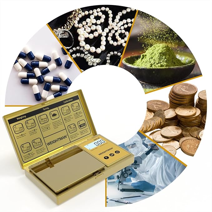 WEIGHTMAN Digital Scale Gram, 200g/0.01g Pocket Scale Gold Titanium Plating, LCD Backlit Display, Mini Jewelry Scale with 6 Units, Auto Off, Tare Function for Food, Coins, Battery Included