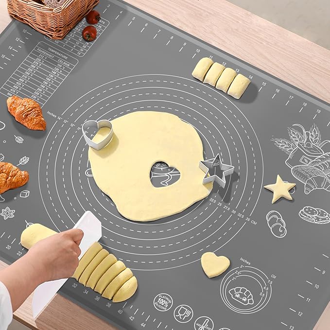Silicone Pastry Mat 28" x 20" Extra Thick Non Stick Baking Mat with Measurements and Edge Heightening, Food Grade Silicone Rolling Mat for Pastry, Bread, Cookies, Pizza, Fondant, Pasta