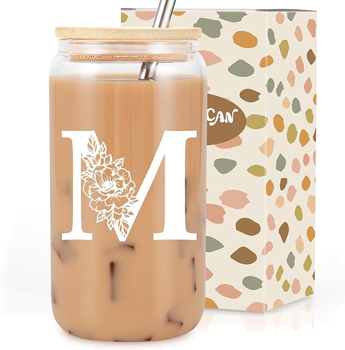 Coolife Initial Glass Cup, Monogrammed Gifts for Women, 16 oz Glass Cups w/Lids Straws, Iced Coffee Smoothie Beer Tumbler w/Straw Lid - Personalized Christmas, Birthday Gifts for Her Mom Friend Woman