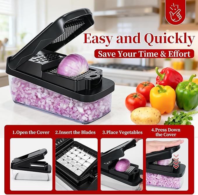 Vegetable Chopper Slicer Food Chopper with Container Veggie Dicer Cutter Salad Chopper Mandoline Slicer Cheese Grater Includes Hand Guards and Gloves & Kitchen Gadgets