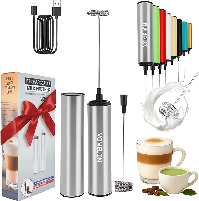 Rechargeable Milk Frother Battery Operated,2-Speed Portable Travel Frother,Electric Milk Foamer Coffee Frother for Latte, Cappuccino, Hot Chocolate Drink Mixer with Double Mini Whisks and USB Cable