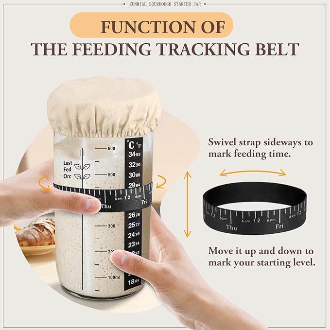Sourdough Starter Jar, Sourdough Starter Kit with Date Marked Feeding Band, Thermometer, Cloth Cover & Metal Lid, Reusable Sourdough Bread Baking Supplies, Home Baking Supplies