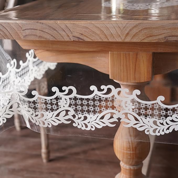 Rectangle Waterproof Clear Table Cover Protector Vinyl Table Cloth Oil Spill Proof Wipe Clean Lace Plastic Tablecloths for Dining Tables (White, 60 x 84 Inches)
