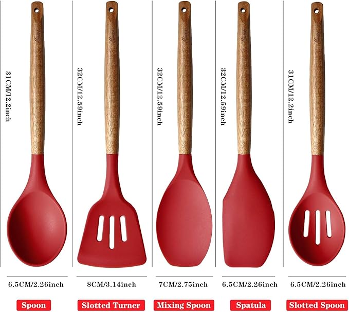 Kitchen Utensils Set, Silicone Cooking Utensils Set,Non-Stick Silicone Spatula Set with Natural Acacia Hard Wood Handle, 5 Piece, Upgraded Thickened Cookware