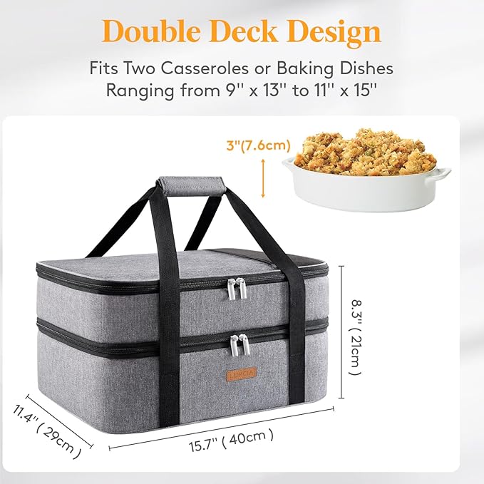 LUNCIA Double Decker Insulated Casserole Carrier for Hot or Cold Food, Lasagna Holder Tote for Potluck Parties/Picnic/Cookouts, Fits 9"x13" Baking Dish, Grey