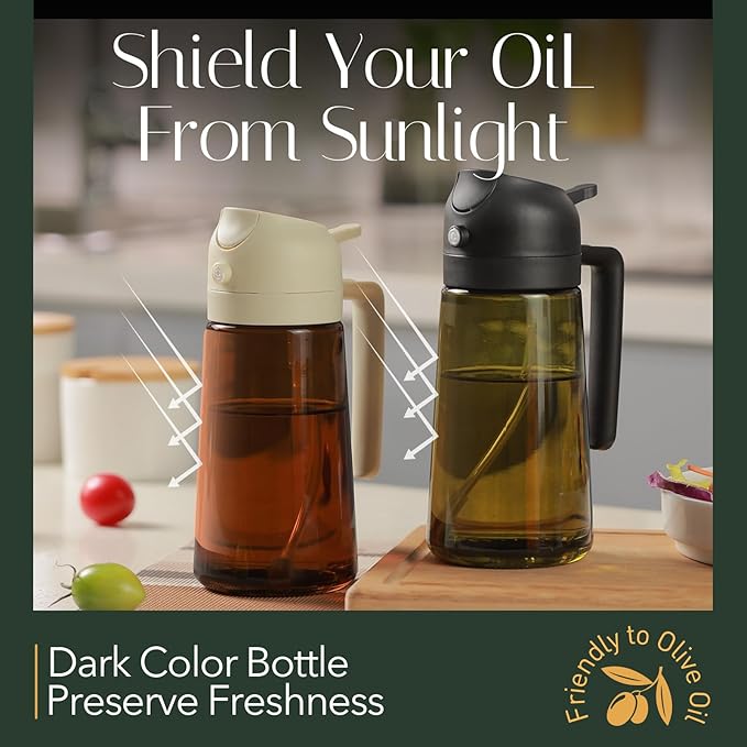 YARRAMATE 16oz/470ml Light Blocking Oil Sprayer for Cooking with Stickers, Food-Grade 2 in 1 Olive Oil Dispenser Bottle for Kitchen, Premium Dark Amber Glass Oil Bottle for Air Fryer, BBQ (PeachPink)