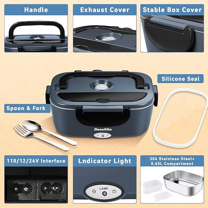 Electric Lunch Box for Adults, 80W Heated Lunch Box, 1.5L Stainless Steel Container | 12V/24V (Car/Truck) & 110V (Office/Home) | with Fork&Spoon and Insulated Carry Bag