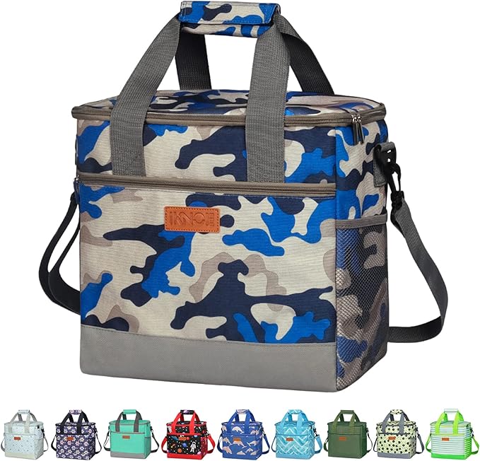 Iknoe Large Cooler Bag Collapsible 24 Can Insulated Bags Leakproof Lunch Cooler Tote with Multi-Pockets for Adult Insulated Thermal Bag for Beach, Picnic, Office Work(Navy Blue)