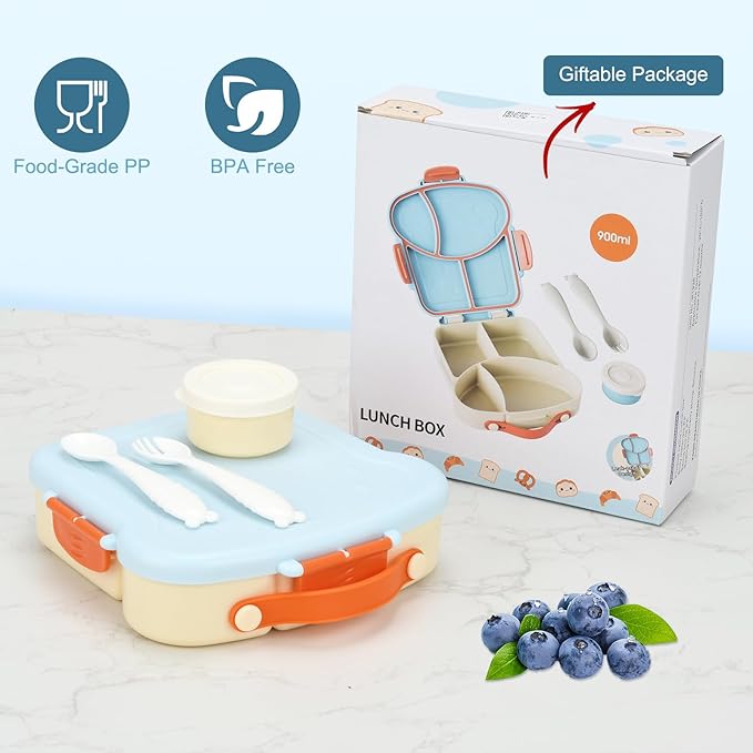 Bento Box for Kids School Lunch Box with Utensils and a Dipping Bowl, Leak-Proof 4 Compartments with Carrying Handle, BPA-Free Bento Box for Girls and Boys in School, Preschool, Daycare (Blue)