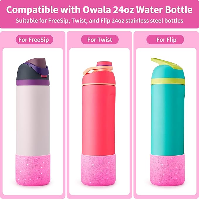 Silicone Boot for Owala 24 oz Water Bottles, Anti-Slip Protective Sleeve Bottom Protector for Owala Twist & FreeSip & Flip Stainless Steel Water Bottle (Glitter Rose Red)