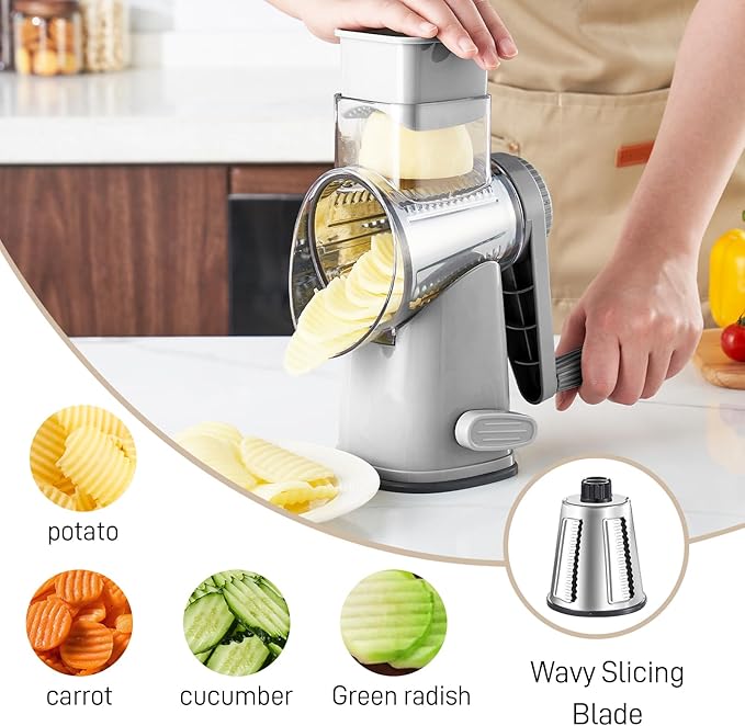 Rotary Cheese Graters with 4 Blades, Hand Crank Cheese Grater with Waffle Slicer, Red, Black and White Cheese Shredder with Suction Base, Easier for Shredding & Grating (Grey, 4 Graters)