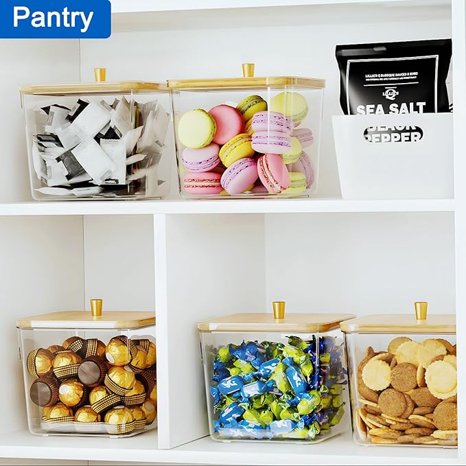 Hudgan 4 Pack Acrylic Storage Containers with Measuring Scoops for Kitchen, Laundry, Pantry, Clear Sturdy Plastic with Gold Handle Perfect for Dried Goods, Snacks, Detergent