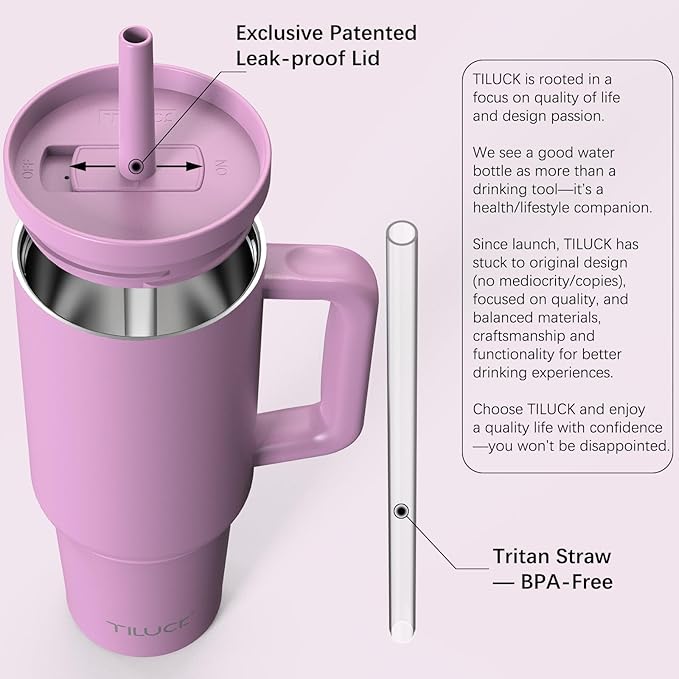 TILUCK 40 oz Tumbler with Handle, Vacuum Insulated Stainless Steel Travel Mug with 100% Leak-Proof Silicone Straw Lid, Cupholder Friendly Water Bottle(Lilac, 40oz)