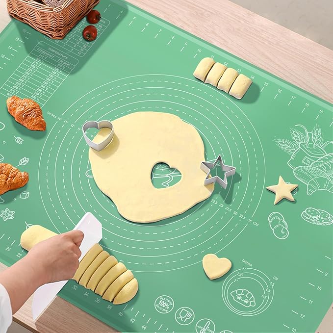 Silicone Pastry Mat 28" x 20" Extra Thick Non Stick Baking Mat with Measurements and Edge Heightening, Food Grade Silicone Rolling Mat for Pastry, Bread, Cookies, Pizza, Fondant, Pasta - Green
