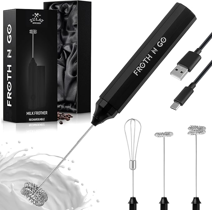 Zulay Froth N Go Milk Frother – Rechargeable 3-in-1 Handheld Frother Wand with Travel Case & USB-C Charger – Single, Double & Egg Whisk for Latte, Cappuccino, Matcha, Protein Shakes – Black