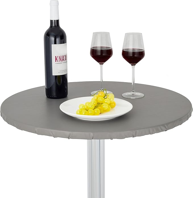 Yourtablecloth Heavy Duty Vinyl Round Fitted Tablecloth (Table Cover) with Flannel Backing Vibrant Colors Elasticized Tablecloth Great for Indoor and Outdoor Dining and Playing Cards 36” Grey