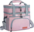 Lunch Box For Men/Women,Large Double-layer Insulated Expandable Reusable Leakproof Cooler Bags For Adults,Lunch Bag With Adjustable Shoulder Strap For Office Travel Picnic（Pink）