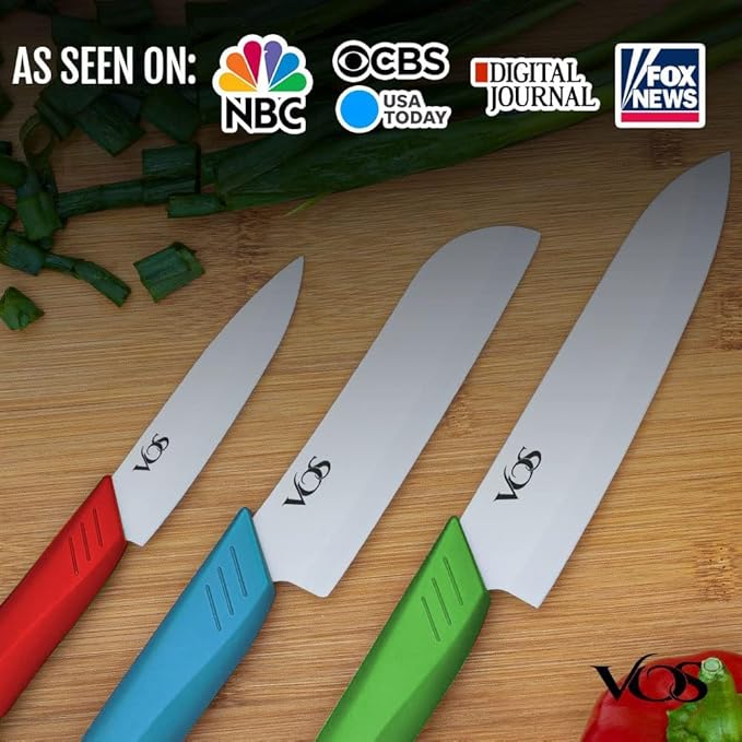 Vos Ceramic Knife Set in Elegant Gift Box, Ceramic Knives Set For Kitchen, Ultra Sharp Kitchen Knife Set with Covers, 4" 5" 6" Paring, Santoku & Chef Knife, Lightweight, Dishwasher safe (Multi-Color)