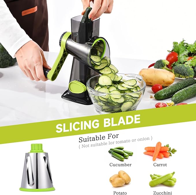 Rotary Cheese Grater with Handle Kitchen Shredder Slicer Grater Slicer Ice Shaver Cheese Vegetable Nuts Potato Zucchini Chocolate 3 Interchangeable Blades (Green TSP)