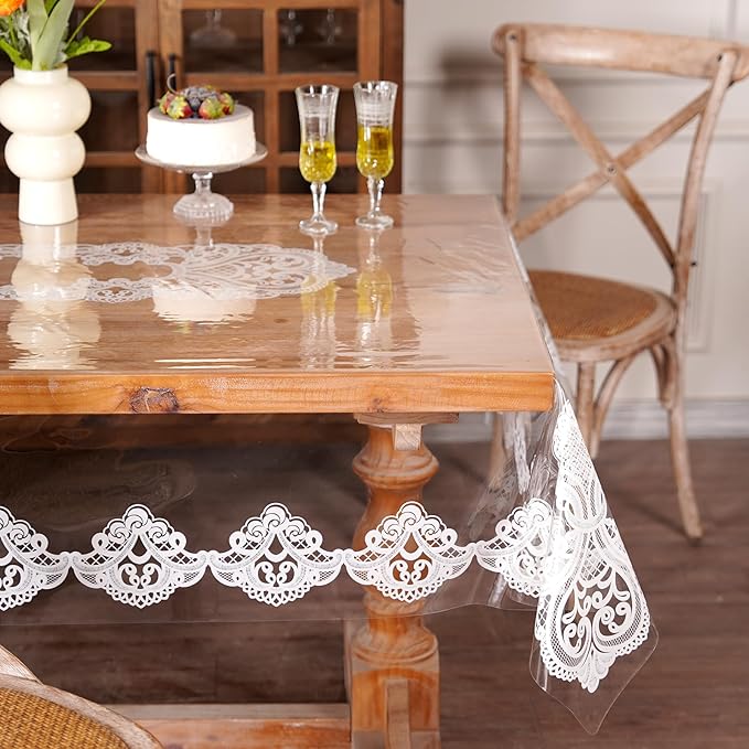 Clear Table Cover Protector Vinyl Table Cloth Rectangle with Lace Pattern Oil Spill Proof Vintage Rustic Plastic Table Covers for Dining Tables (White Lace, 52 x 70 Inches)