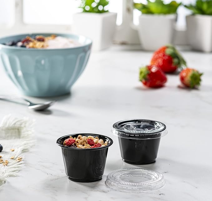{2.5 oz - 100 Sets} Black Diposable Plastic Portion Cups With Lids, Small Mini Containers For Portion Controll, Jello Shots, Meal Prep, Sauce Cups, Slime, Condiments, Medicine, Dressings, Crafts,