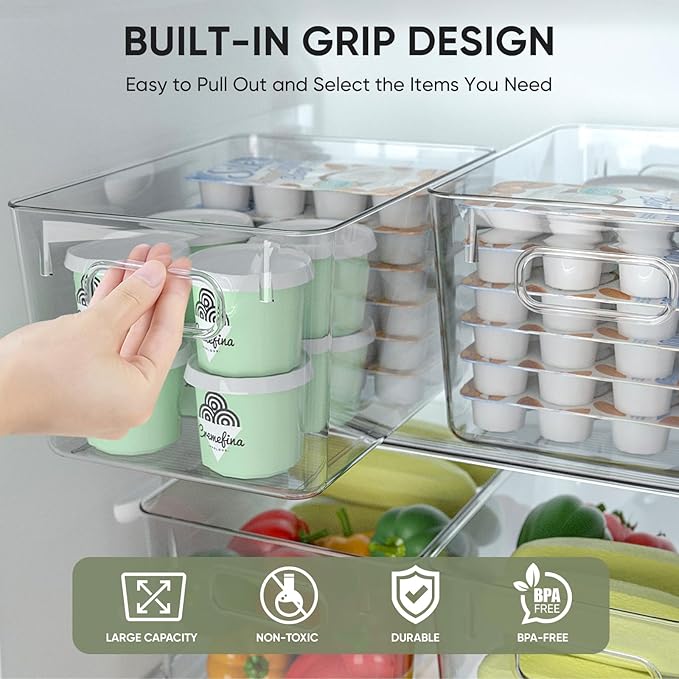 BALEINE Clear Plastic Storage Bins, Pantry Organization, BPA Free Stackable Refrigerator Organizers and Storage with Handles for Kitchen Fridge Cabinet Bathroom (8PK, 10.5x6x5)